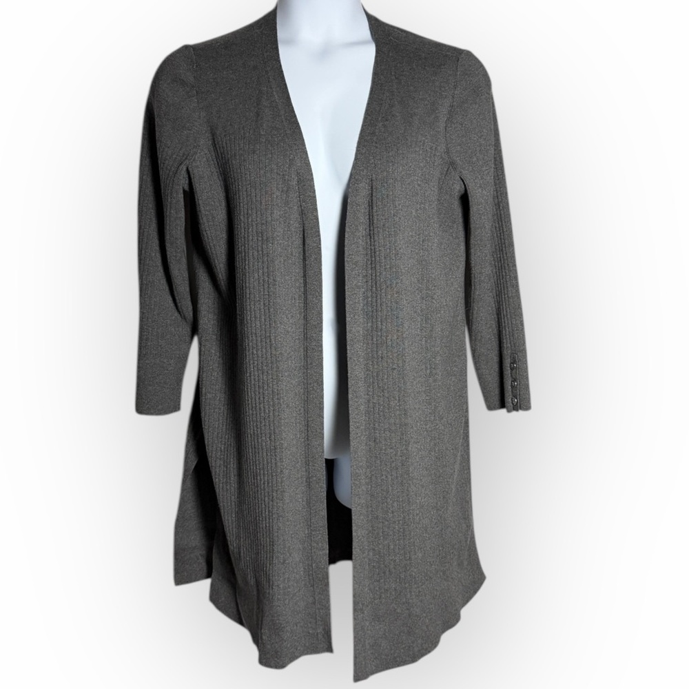 Talbots Charcoal long‎ Open Front Cardigan Duster cuff buttons Ribbed Lagenlook